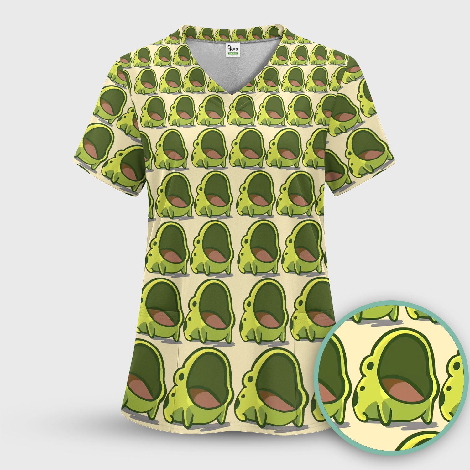 Cute Green Frog Cartoon Pattern Scrub Top, Breathable Fabrics Nursing Uniform