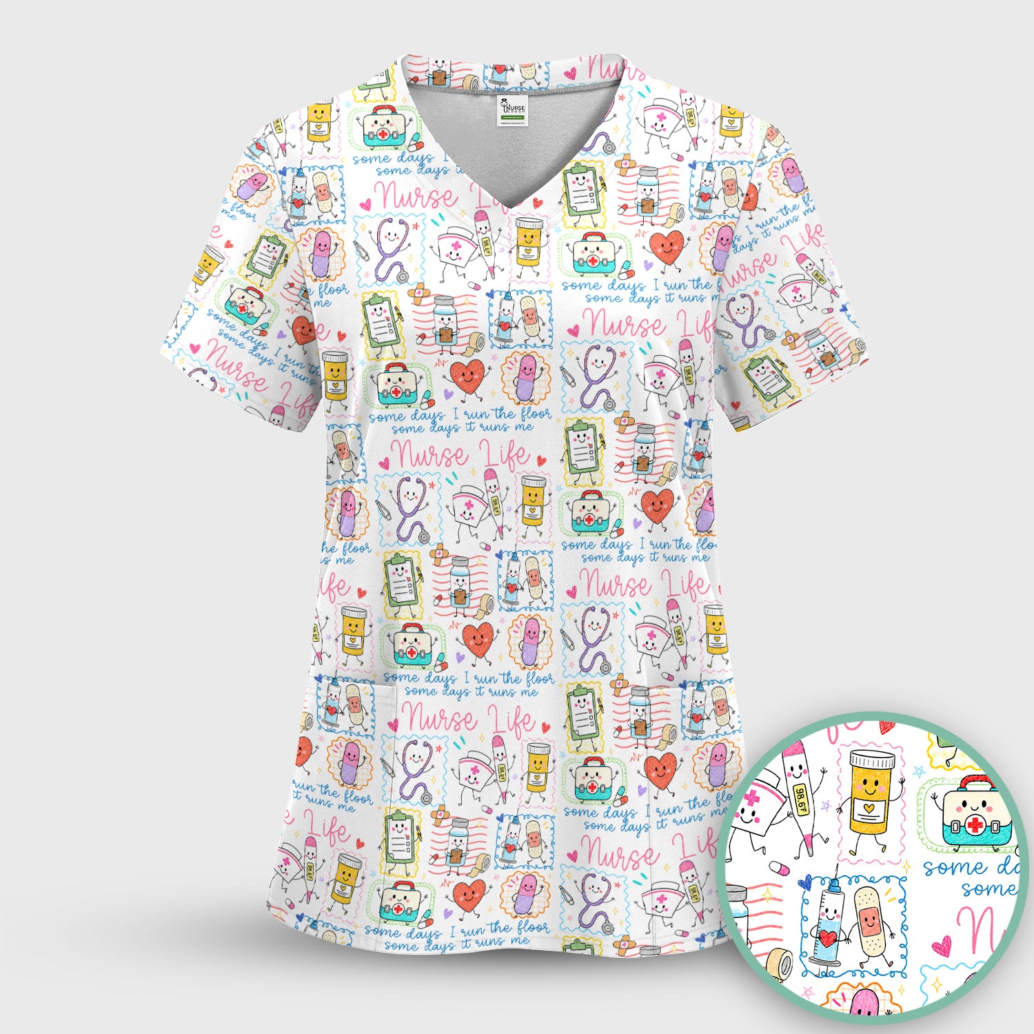Cute Nurse Life Doodle Pediatric Nurse Scrub Set, Scrub Pants and V Neck Top