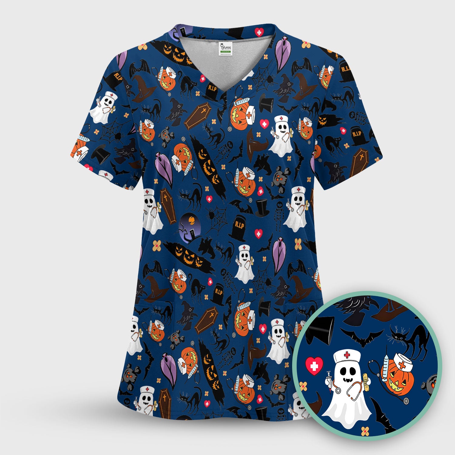 Spooky Halloween Scrub Top - Pumpkin Ghost Bat Nurse Shirt - Wicked Witch Medical Uniform for Women RN CNA LPN
