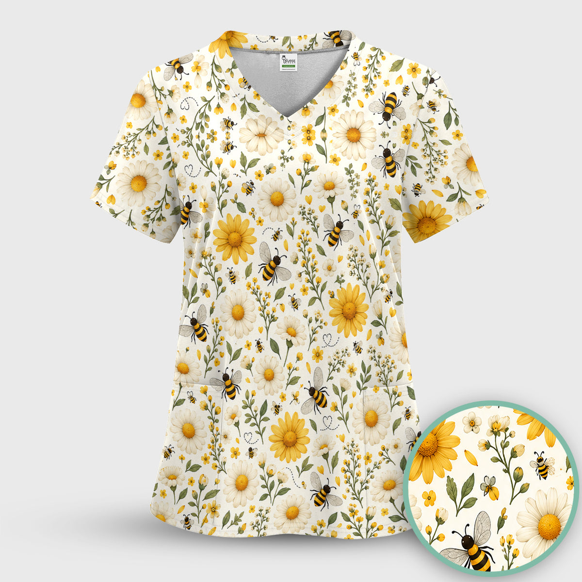 Cute Honey Bee And Daisy Pattern Scrub Set, Scrub Pants and V Neck Top
