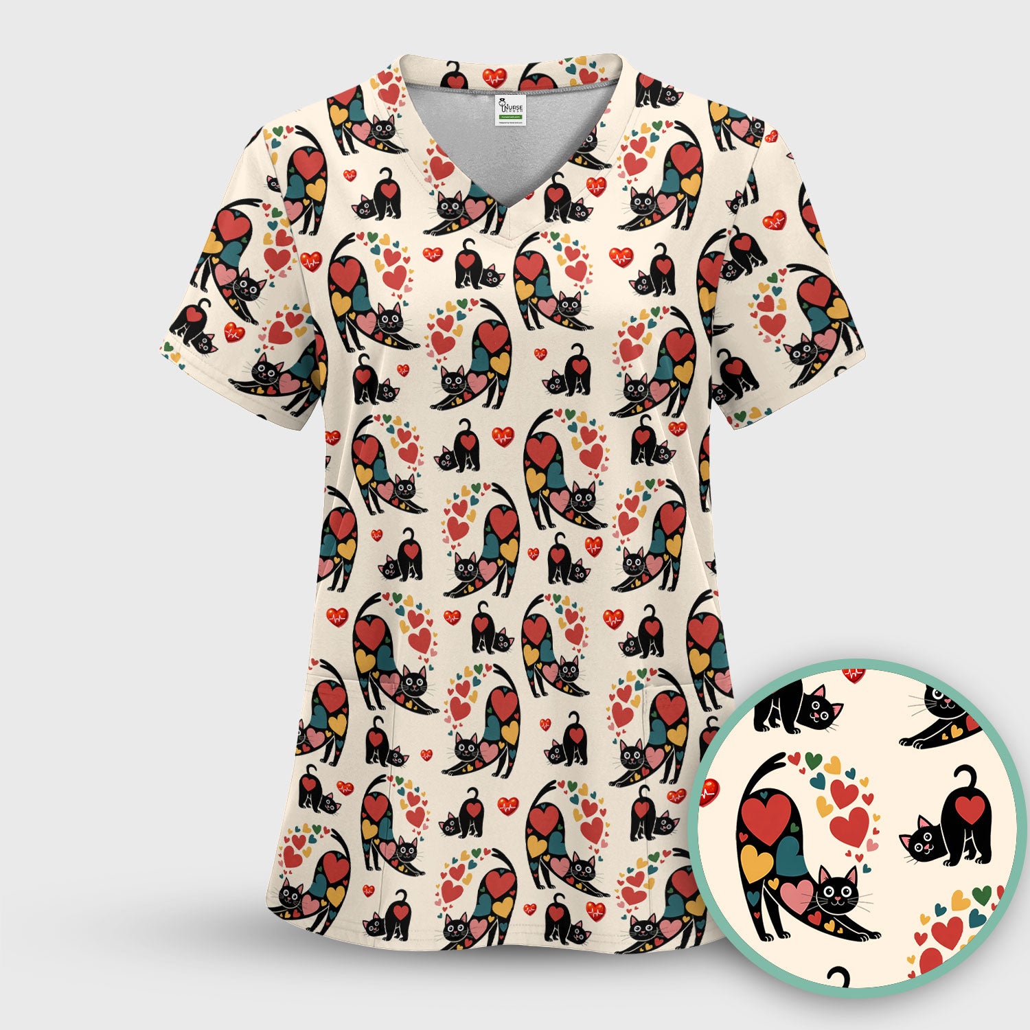 Playful Cat Valentine Heart Print Nurse Scrub Top, Comfortable Scrubs for Nurses
