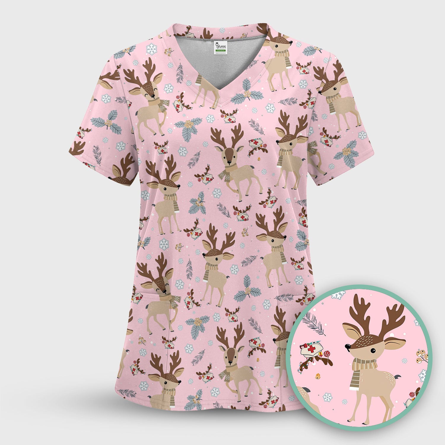Reindeer Christmas Scrub Top - Cozy Beige Holiday Nurse Shirt with Cute Deer Pattern - Festive Medical Scrubs for Women RN CNA LPN