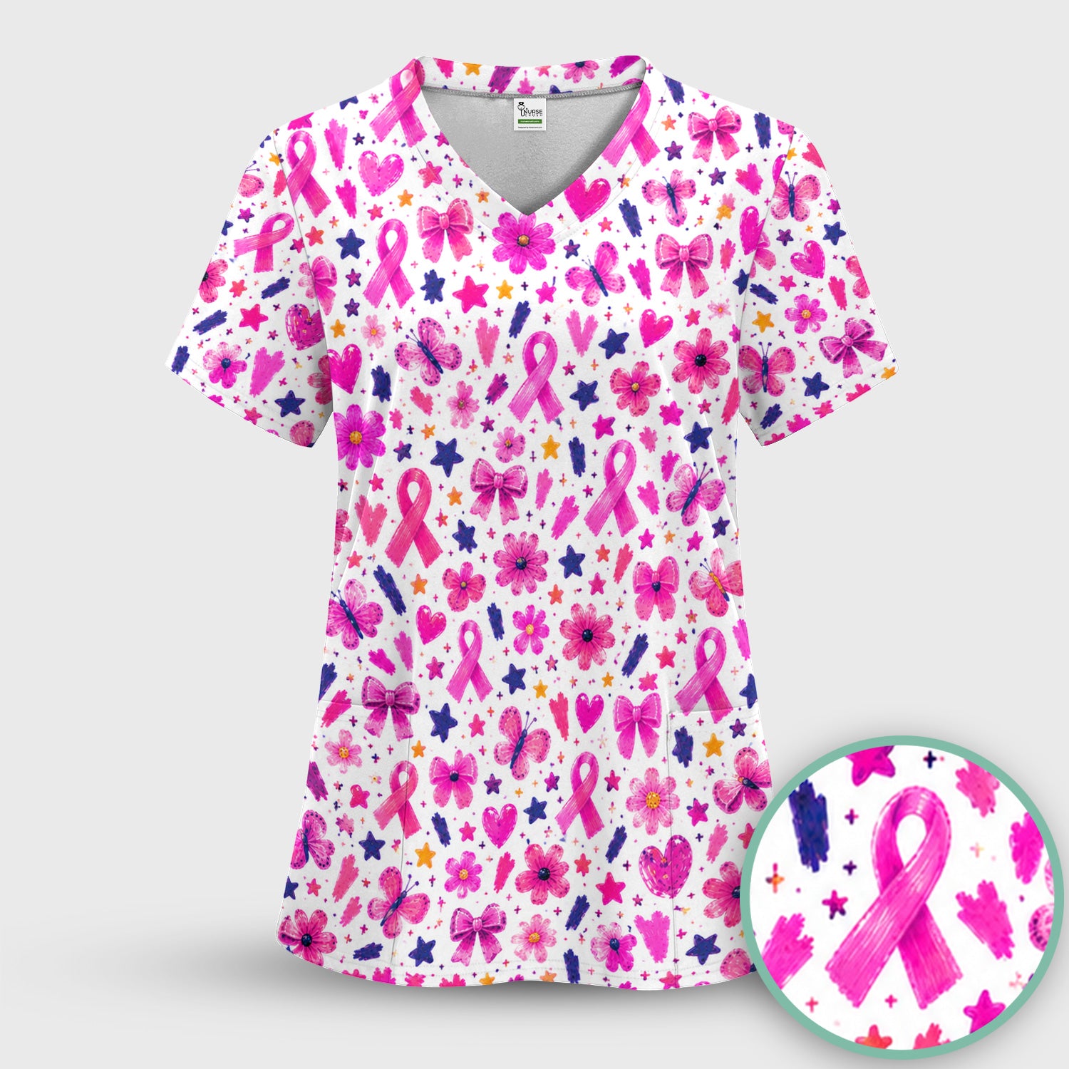 Pink Ribbon Floral Pattern Scrub Top, Comfortable Scrubs for Nurses