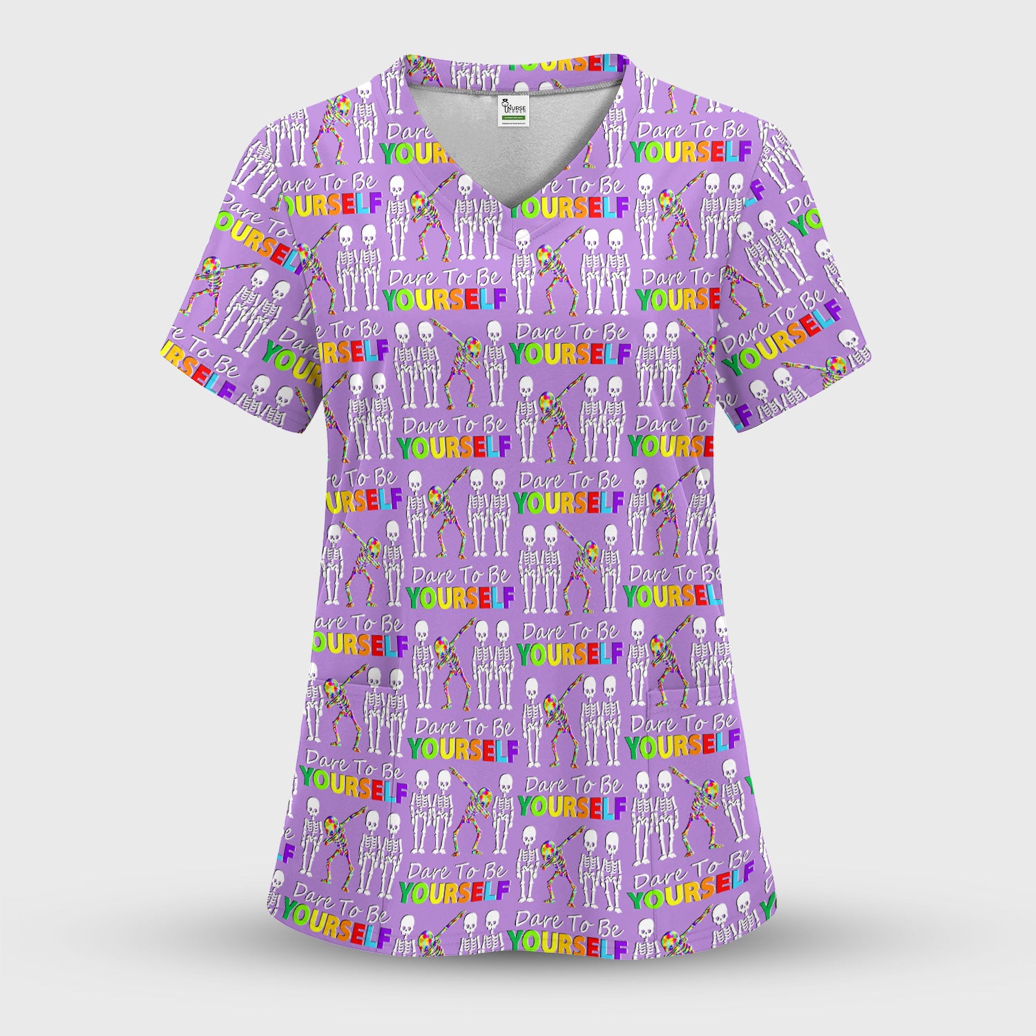 Rainbow Skeleton Dare To Be Yourself Pattern Scrubs Top, Comfortable Scrubs for Nurses