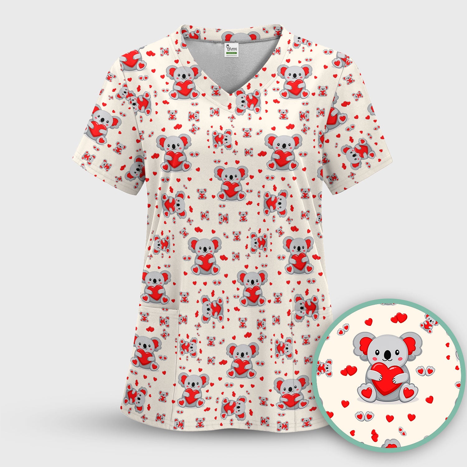 Valentine Cute Koala Heart Pattern Nurse Shirt, Comfortable Scrubs for Nurses