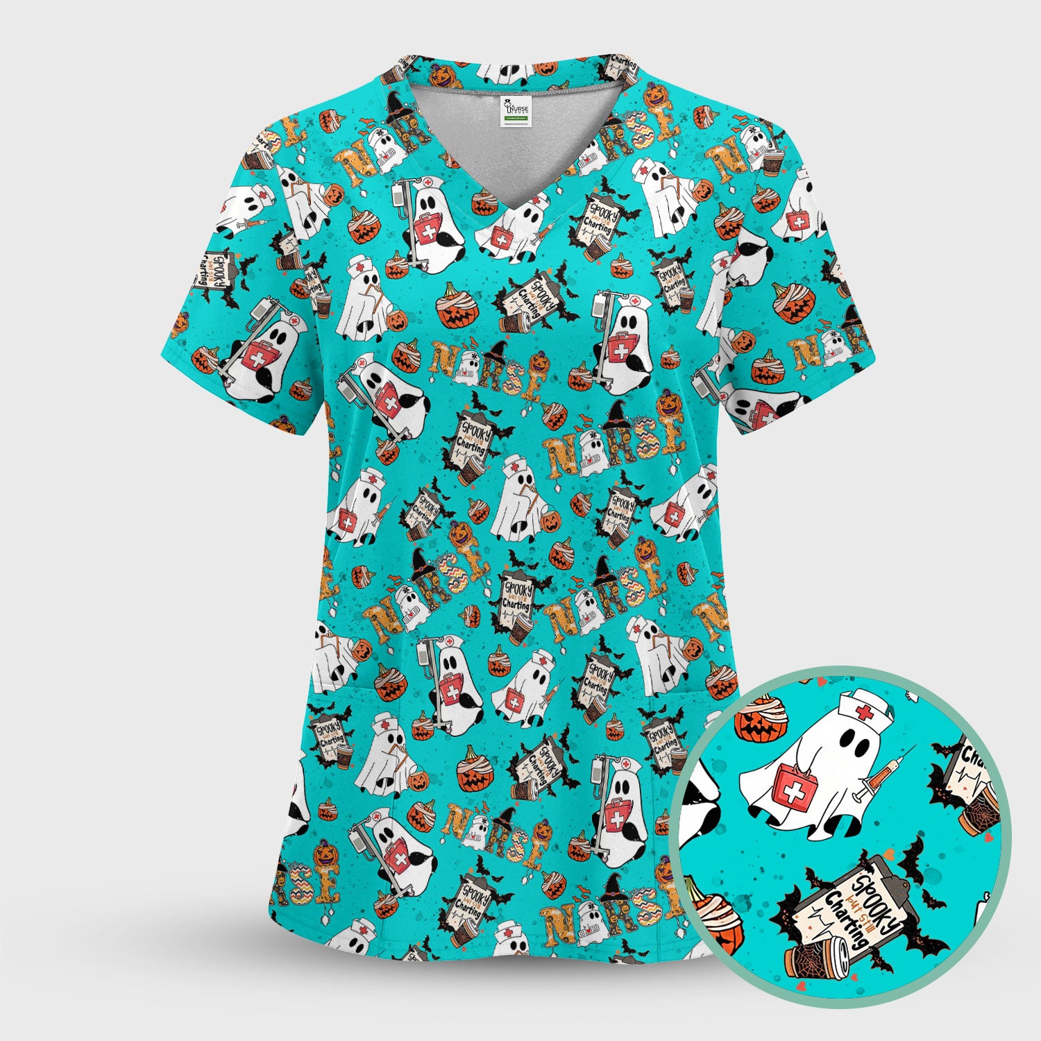 Spooky But Still Charting Halloween Scrub Top - Comfortable Scrubs for Nurses - Funny Boo Pumpkin Nursing Uniform