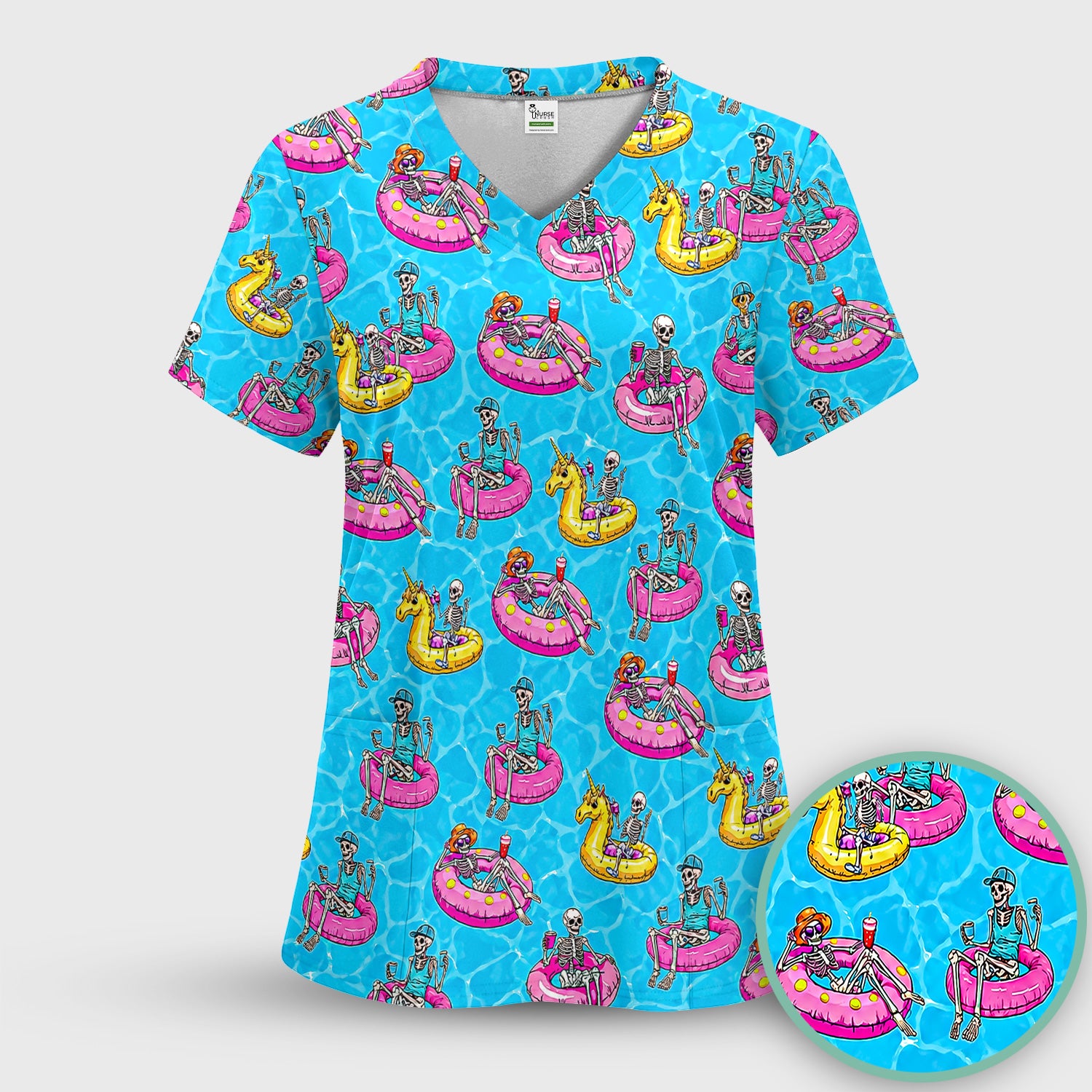 Summerween Skeleton with Pool Float Print Scrub Top, Comfortable Scrubs for Nurses