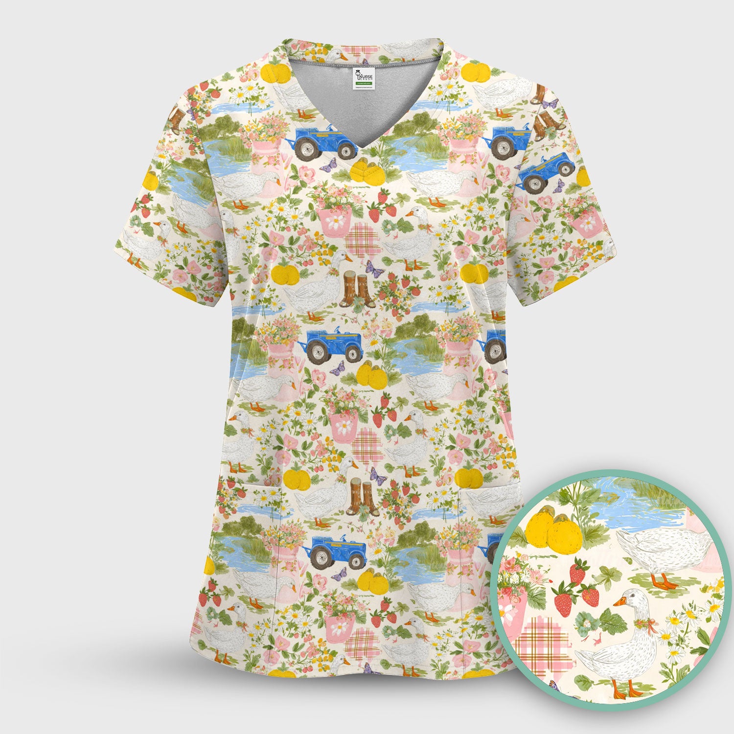 Floral and Duck Pattern Scrub Top, Comfortable Scrubs for Nurses