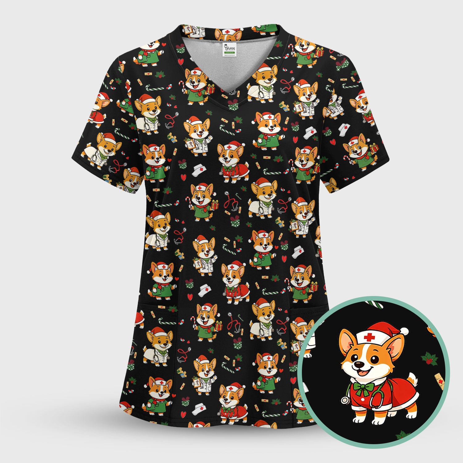Cute Christmas Corgi Scrub Top - Cute Holiday Dog Nurse Uniform - Funny Medical Top Gift for RN CNA LPN Nursing Students