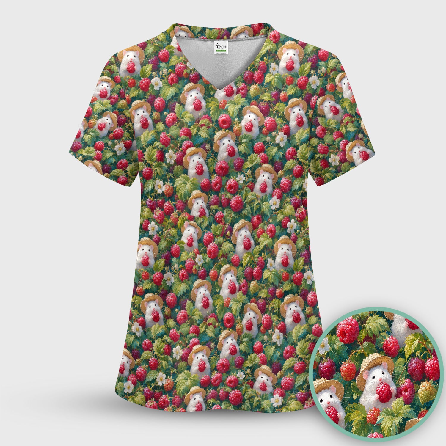 Cute Raspberry Mouse Garden Pattern Scrub Top, Comfortable Scrubs for Nurses
