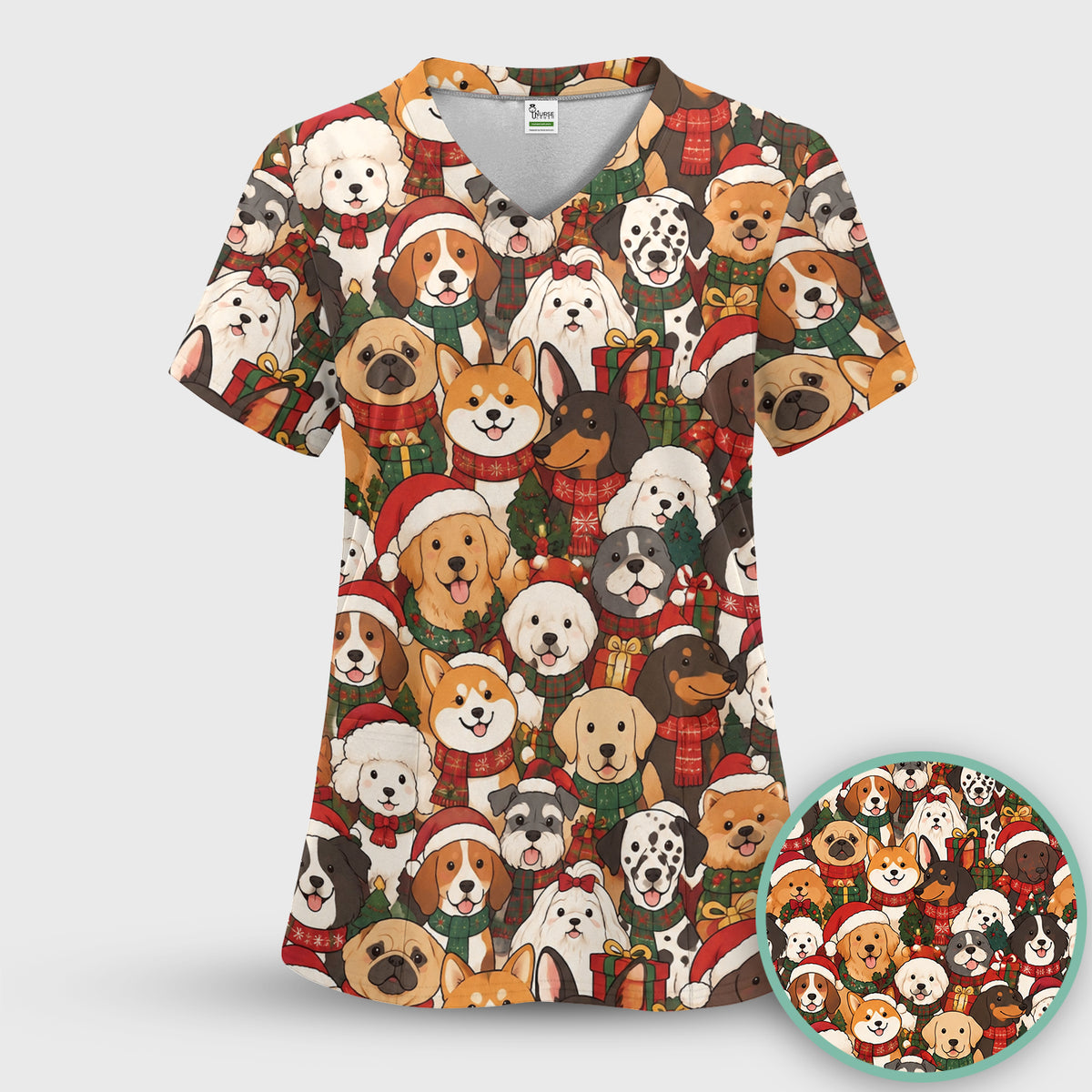 Christmas Dog Breeds Collage Pattern Scrub Set, Scrub Pants and V Neck Top