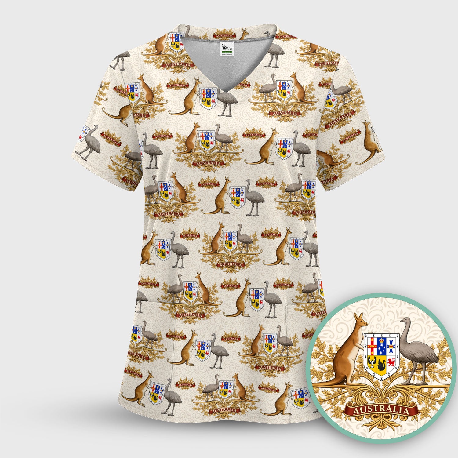 Australian National Crest Kangaroo Emu Scrub Set, Women's Scrub Sets