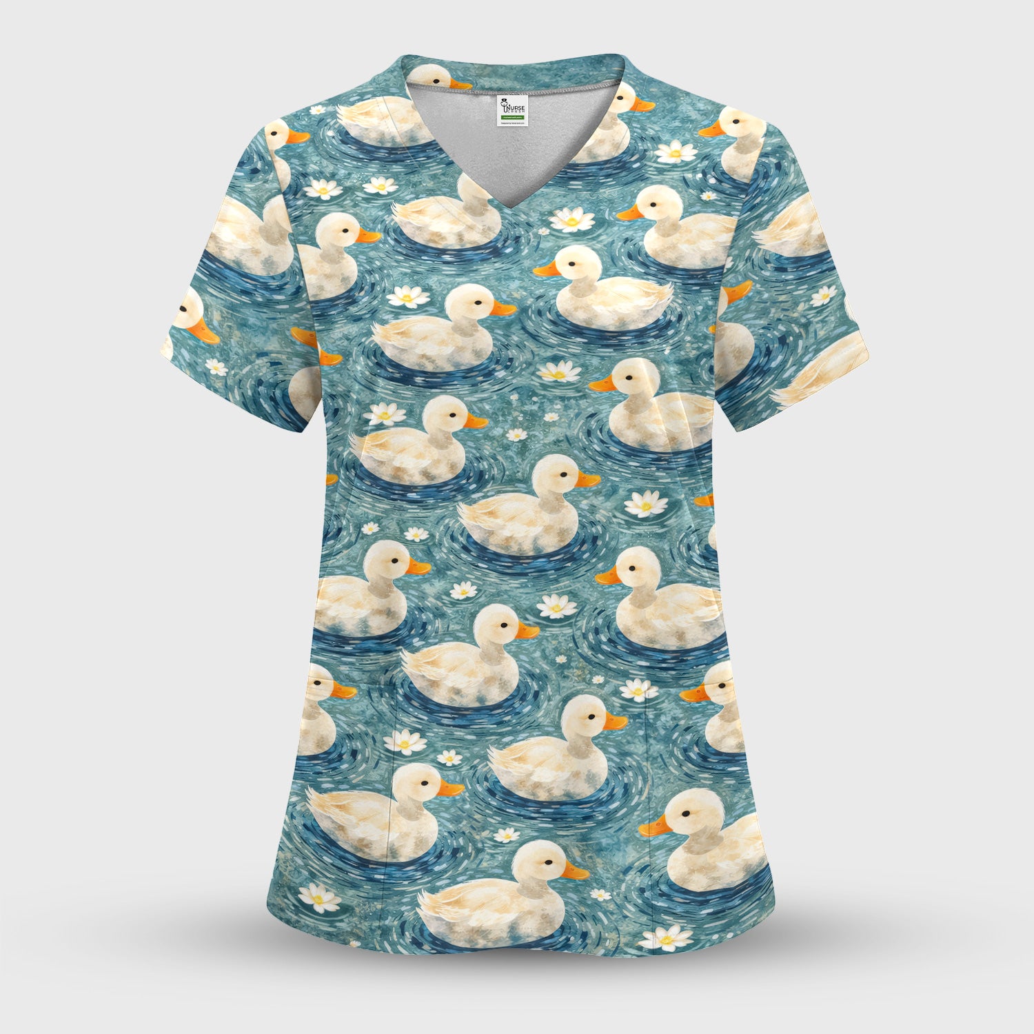 Charming Duck Pond Scrub Top, Peaceful Waterfowl Print Nursing Uniform, Breathable Medical Scrubs