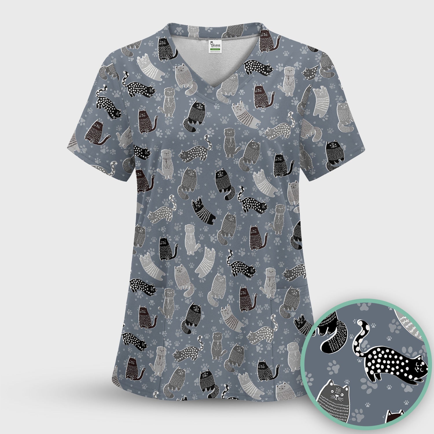 Cute Cat and Paw Print Pattern Scrub Top, Breathable Fabrics Nursing Uniform
