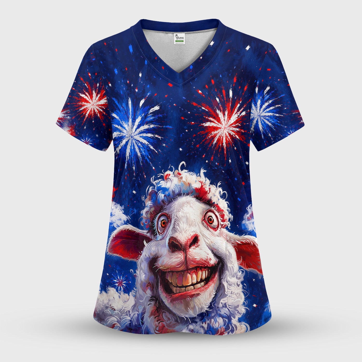 Funny Patriotic Sheep Fireworks Print Scrub Set, Scrub Pants and V Neck Top