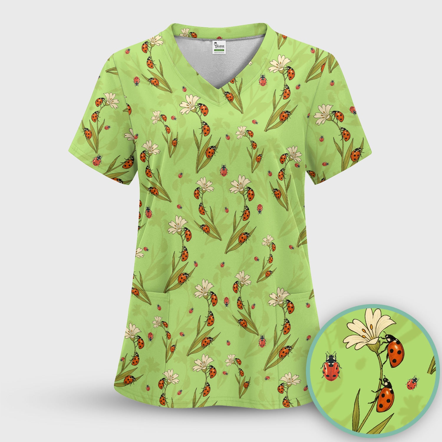 Fresh Daisy Ladybug Garden Pattern Scrub Top, Comfortable Scrubs For Nurses