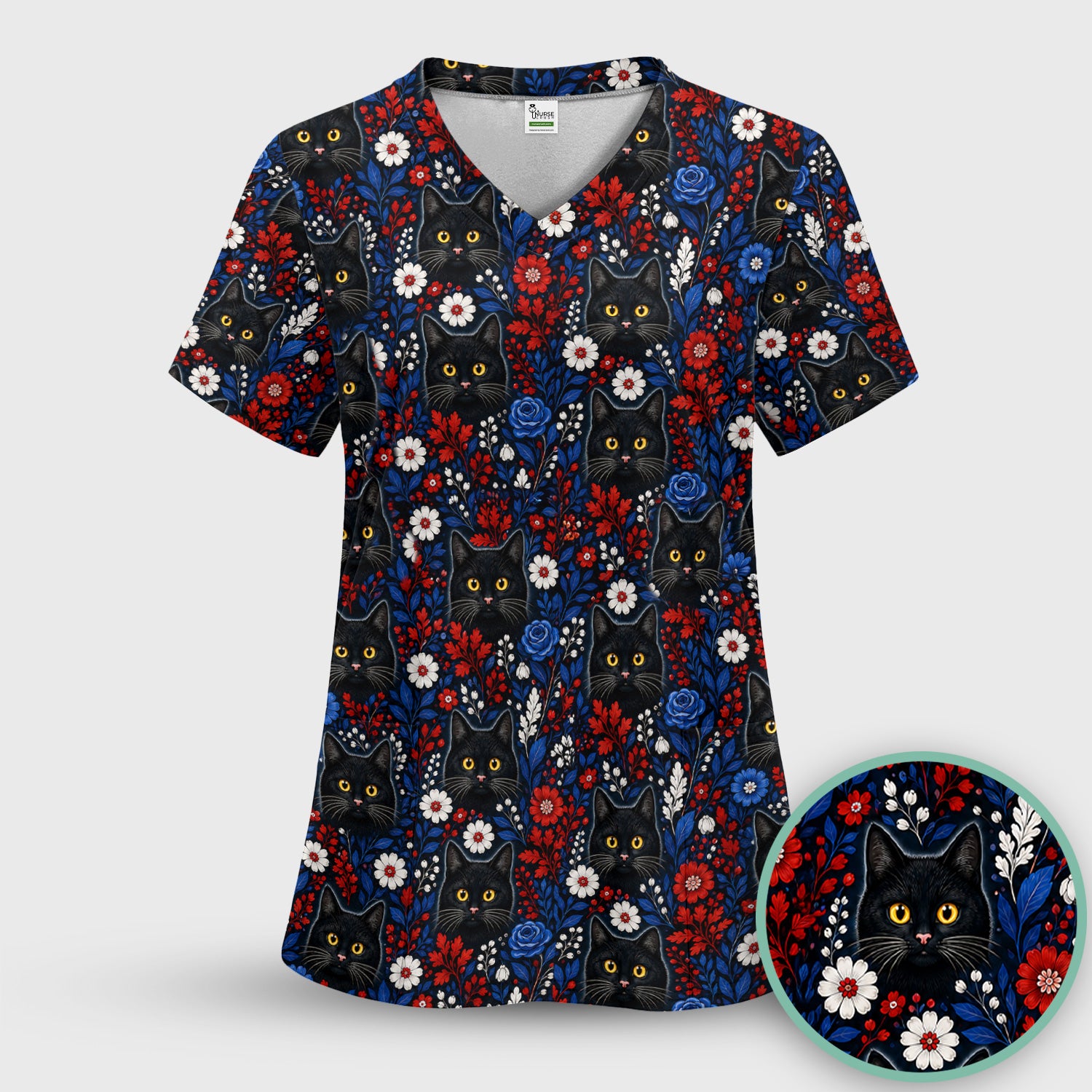 Black Cat Floral Nurse Pattern Scrub Set, Scrub Pants and V Neck Top