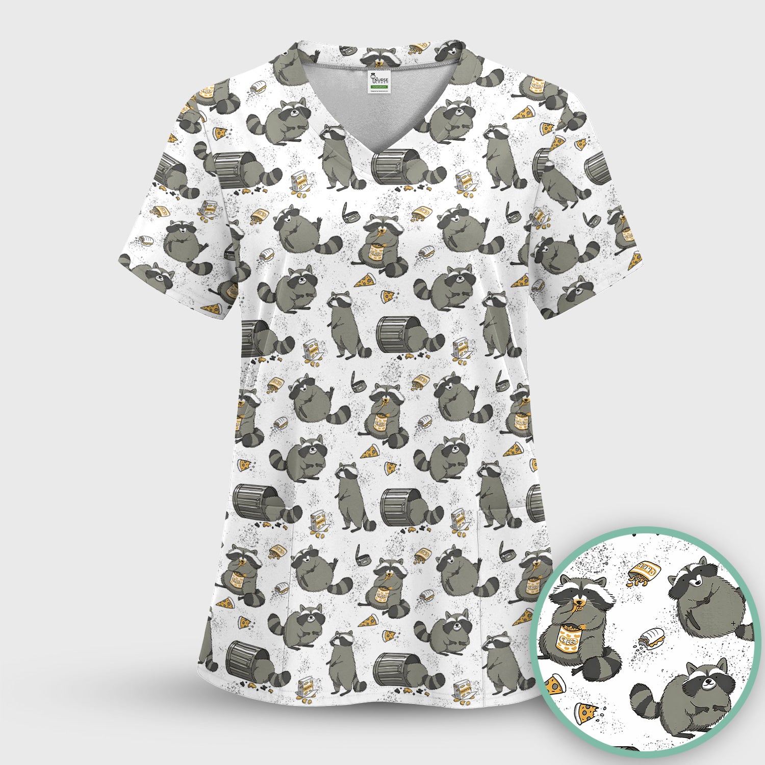 Raccoon Snack And Trash Can Pattern Scrub Set, Breathable Med Uniform
