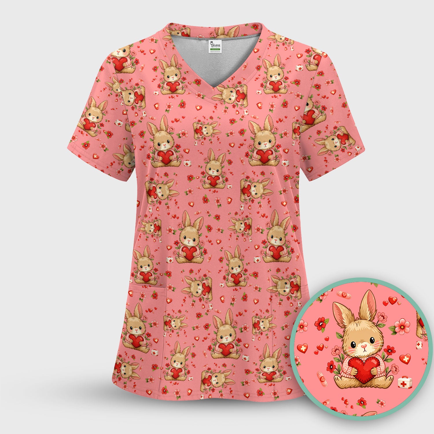 Adorable Bunny Heart Healthcare Design Scrub Top, Comfortable Scrubs for Nurses, Easter