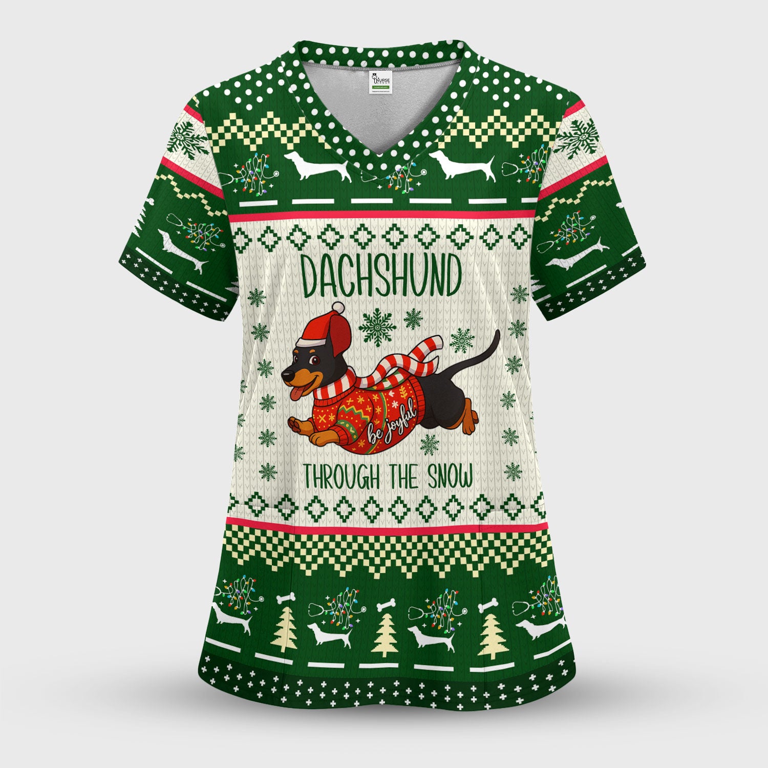 Wiener Dog Through The Snow Christmas Scrub Top - Cute Dachshund Nurse Shirt - Funny Holiday Medical Uniform