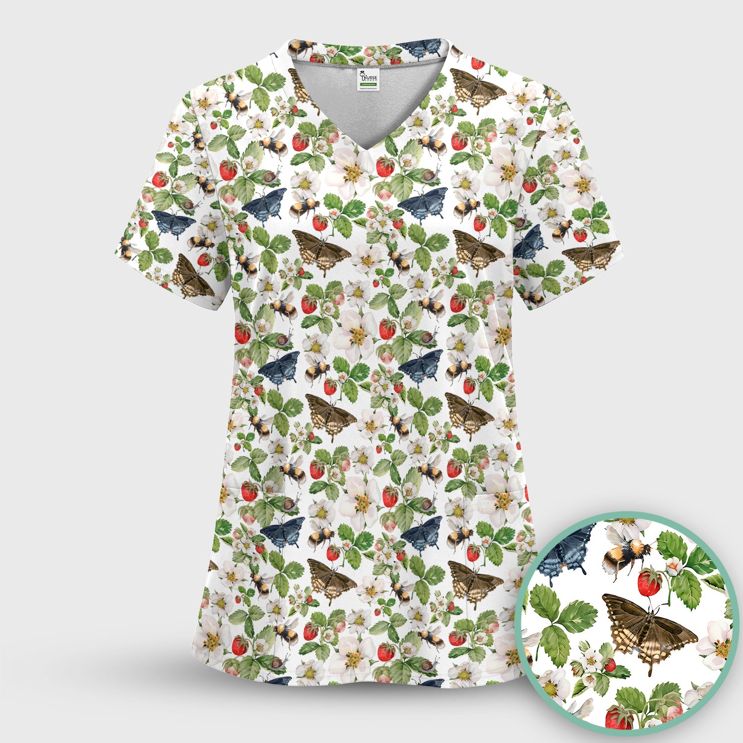 Charming Strawberry Butterfly Garden Pattern Scrub Set, Scrub Pants and V Neck Top