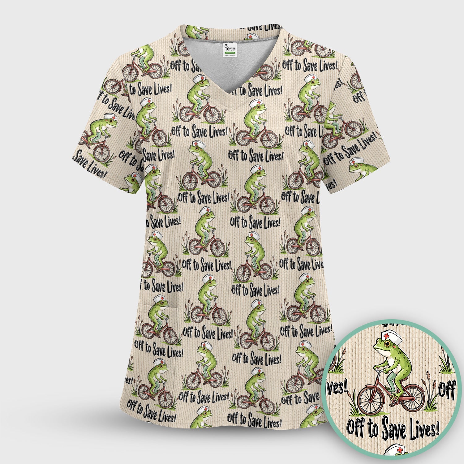 Nurse Frog Riding Bicycle Pattern Scrub Top, Breathable Fabrics Nursing Uniform Scrub Top, Comfortable Scrubs for Nurses