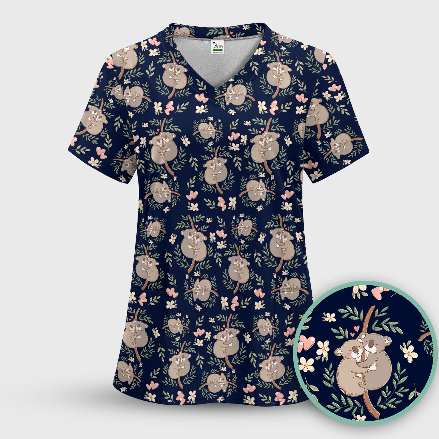 Cute Koala Love Pattern Medical Scrub Top, Breathable Fabrics Nursing Uniform