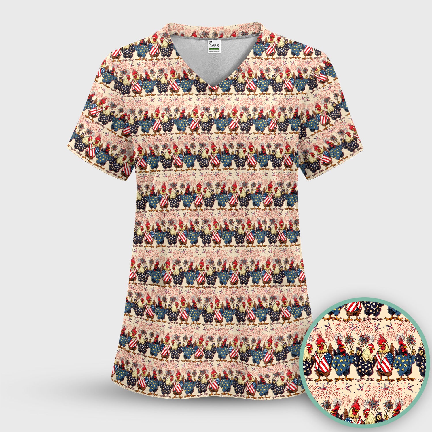 Patriotic Rooster Fireworks Pattern Scrub Set, Scrub Pants and V Neck Top