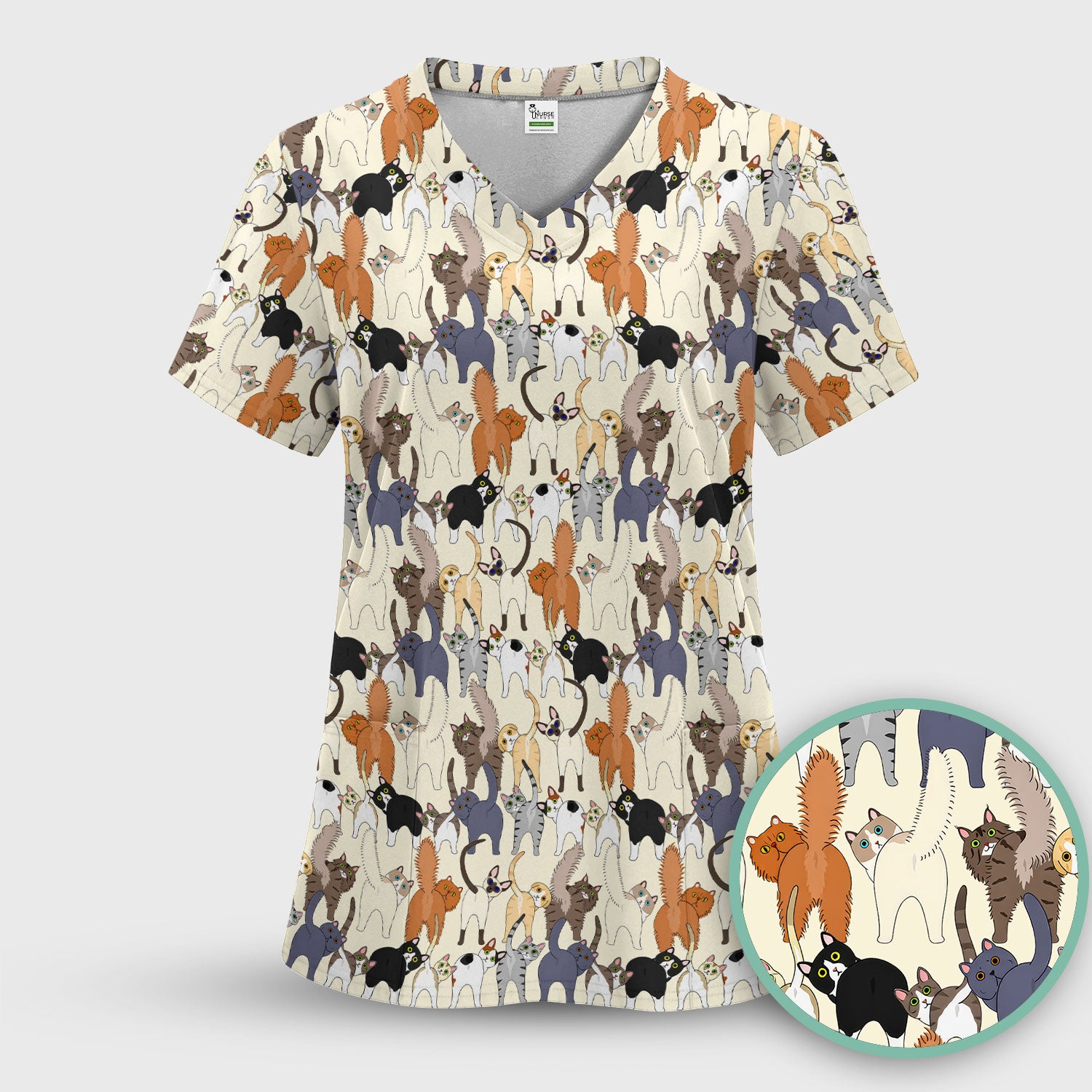 Whimsical Multicolor Cat Cartoon Pattern Scrub Top, Comfortable Scrubs for Nurses