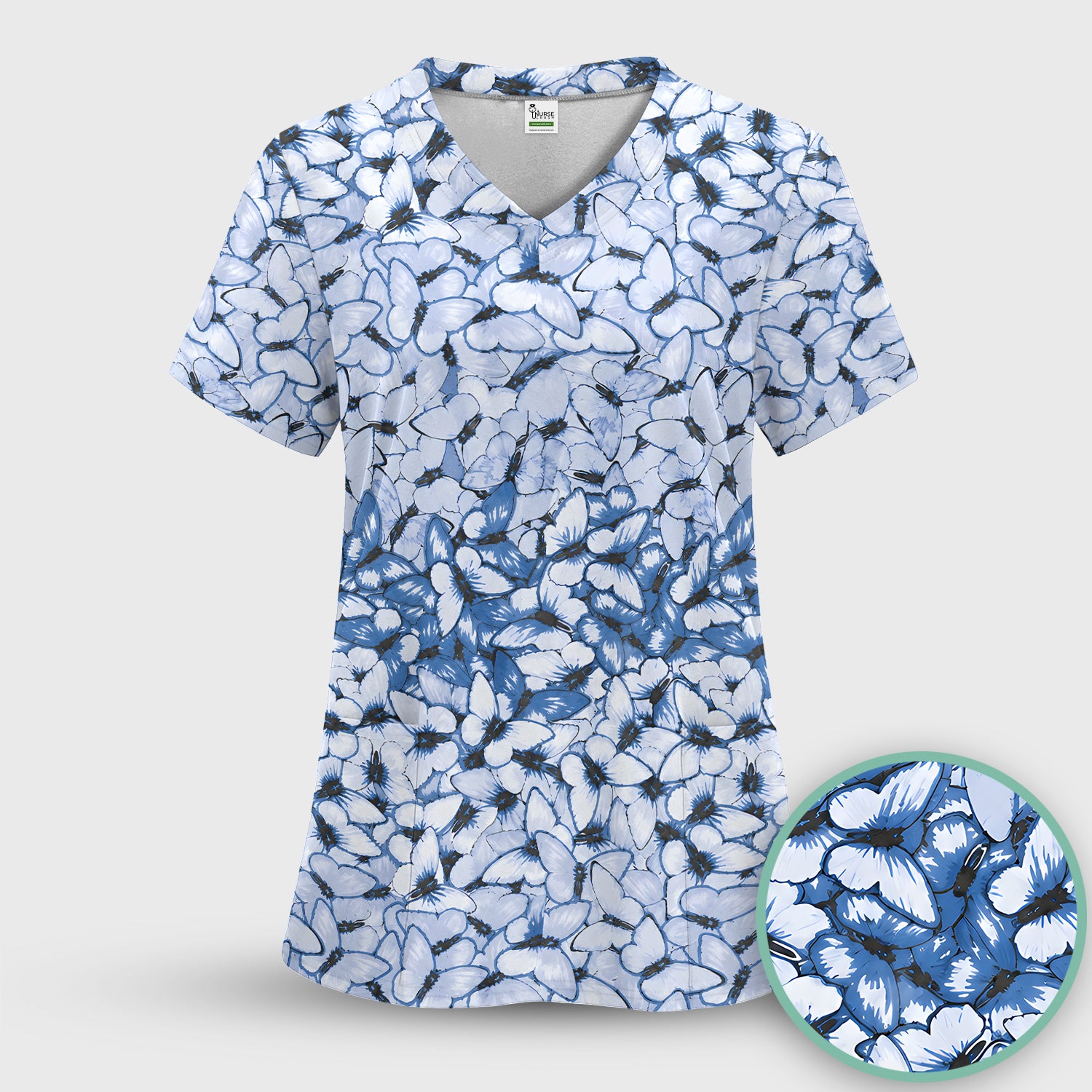 Blue Butterfly Floral Pattern Scrub Set, Scrub Pants and V Neck Top