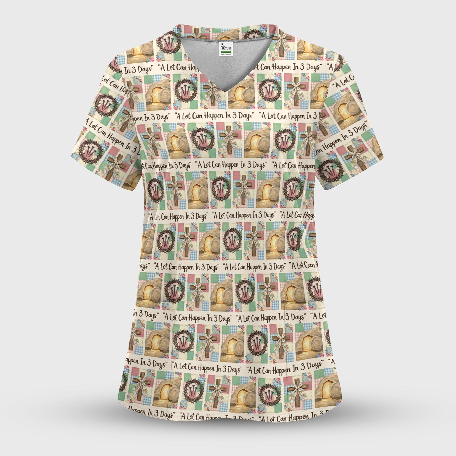 Christian Easter Cross Print Scrub Top, Breathable Fabrics Nursing Uniform