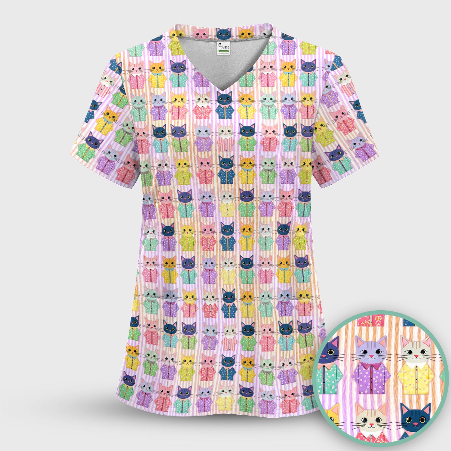 Cute Cat Pajama Pattern Scrub Top, Soft Nursing Workwear Top