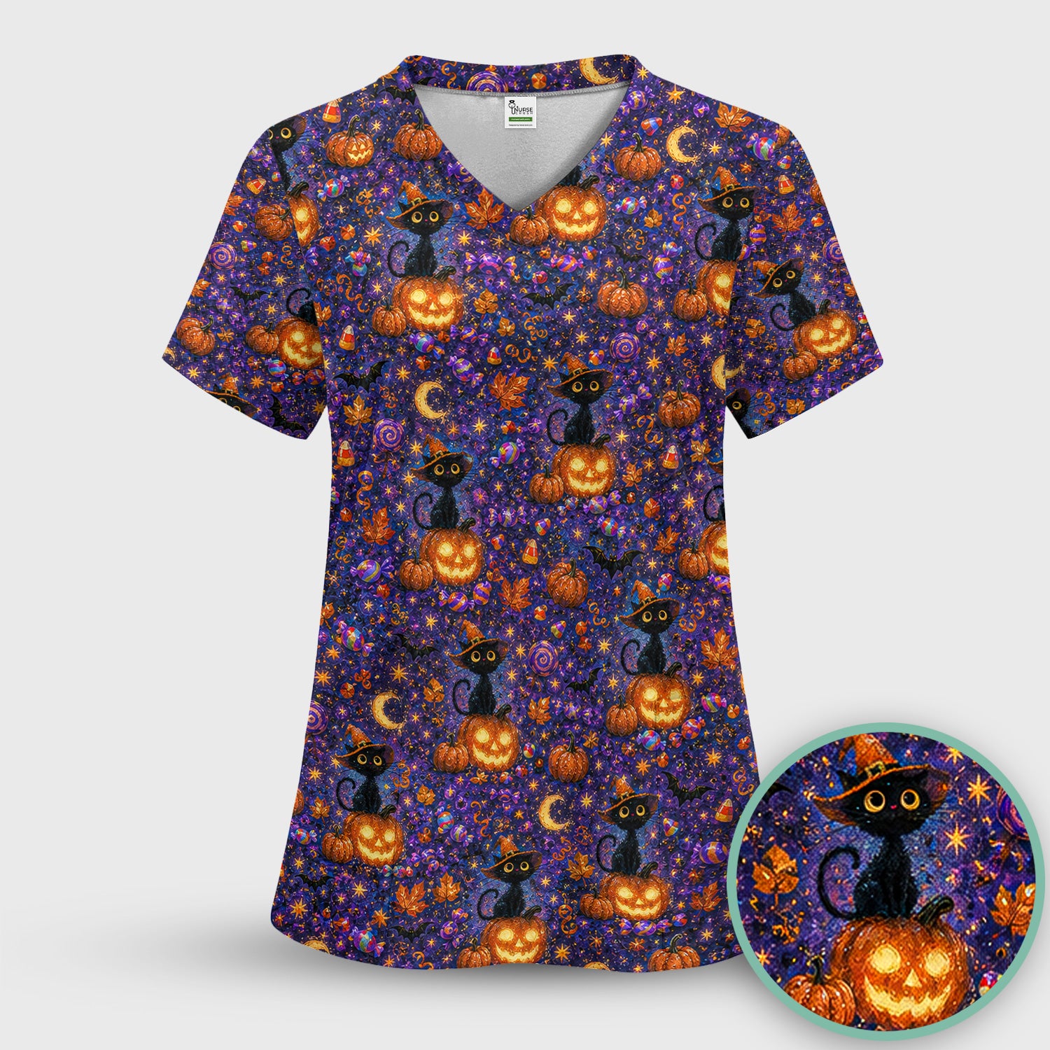 Mystical Halloween Witch Cat Scrub Top, Comfortable Scrubs for Nurses