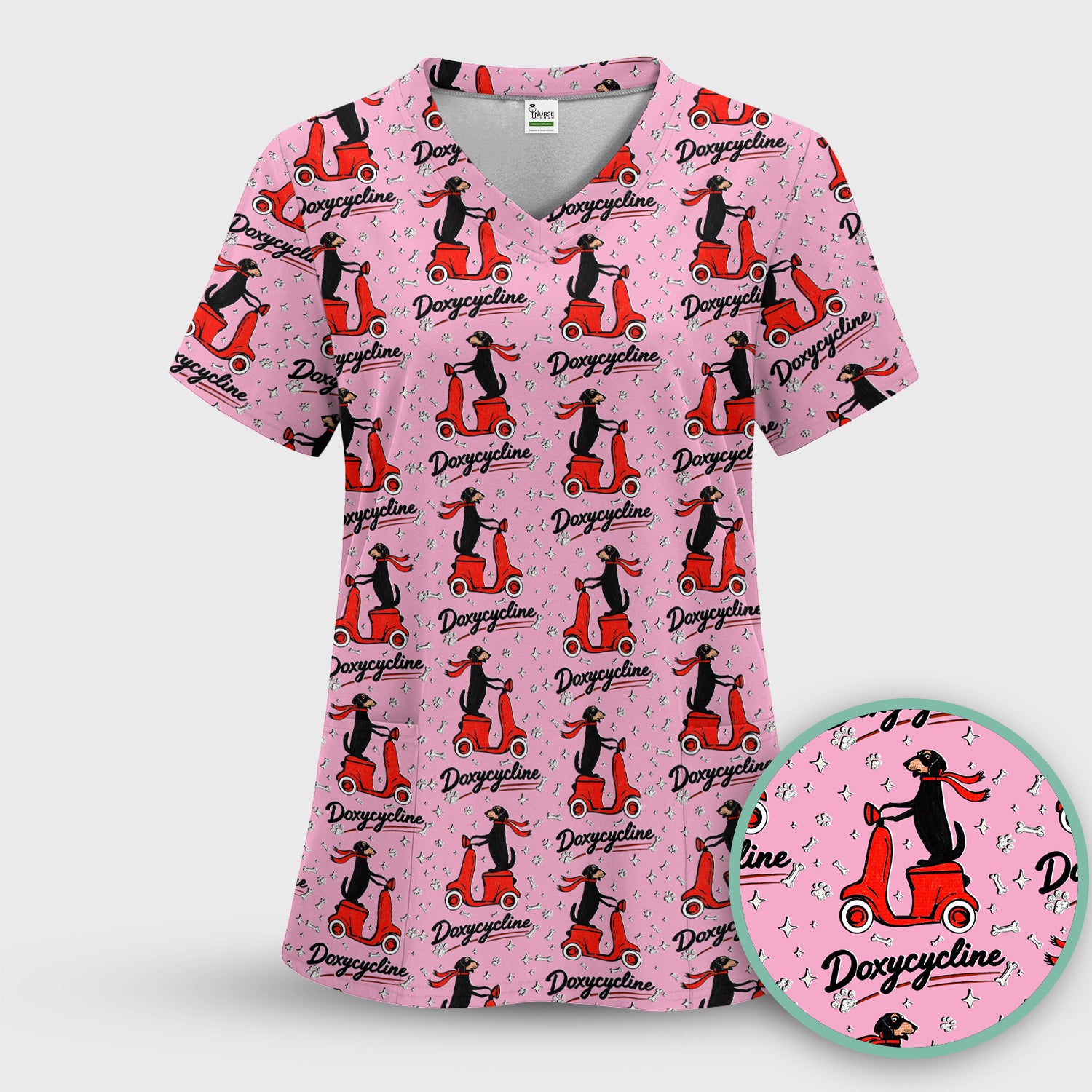 Funny Dachshund Riding Scooter Doxycycline Print Scrub Top ,Comfortable Scrubs for Nurses