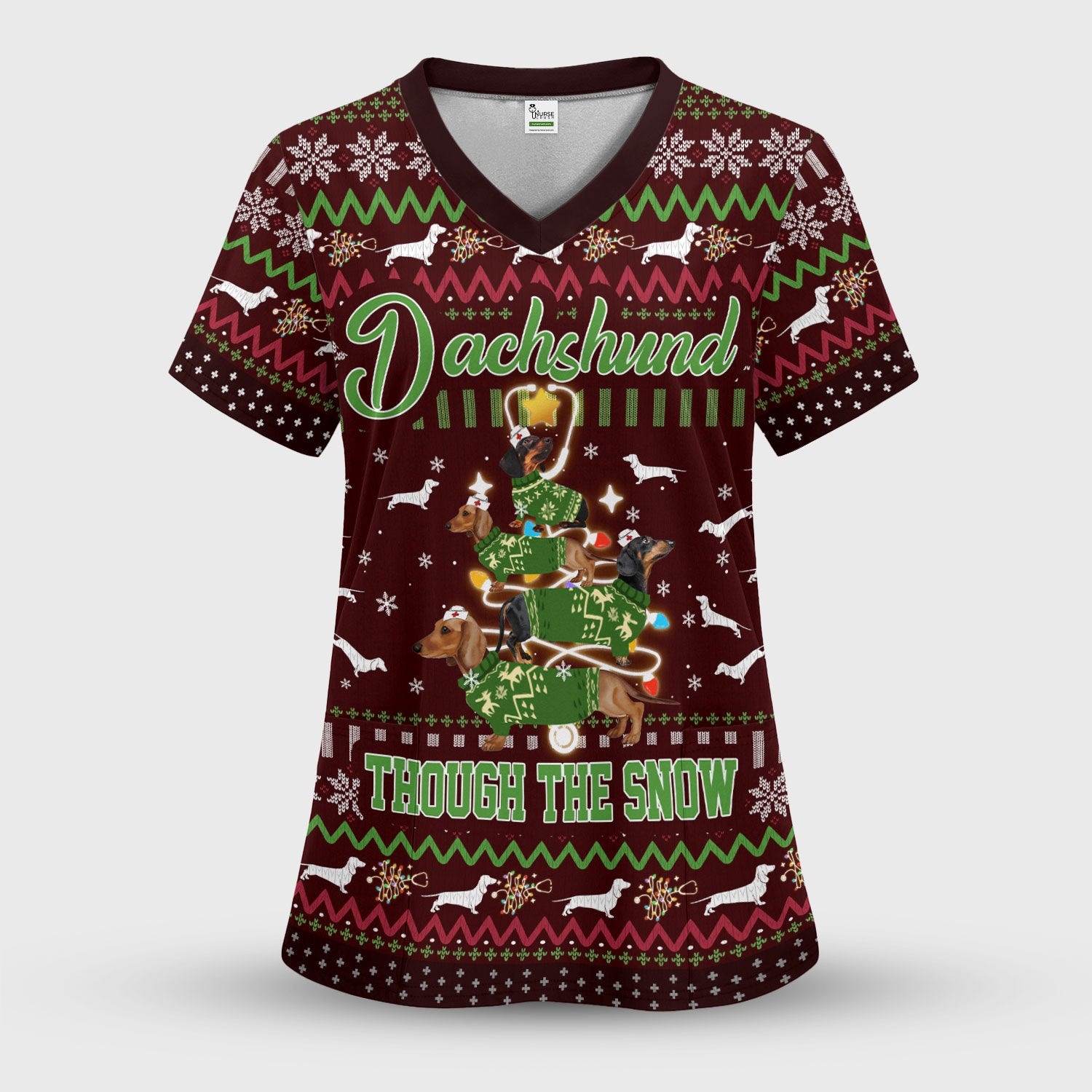 Dachshund Through The Snow Christmas Scrub Top - Funny Sausage Dog Xmas Tree Nurse Shirt - Cute Holiday Medical Uniform