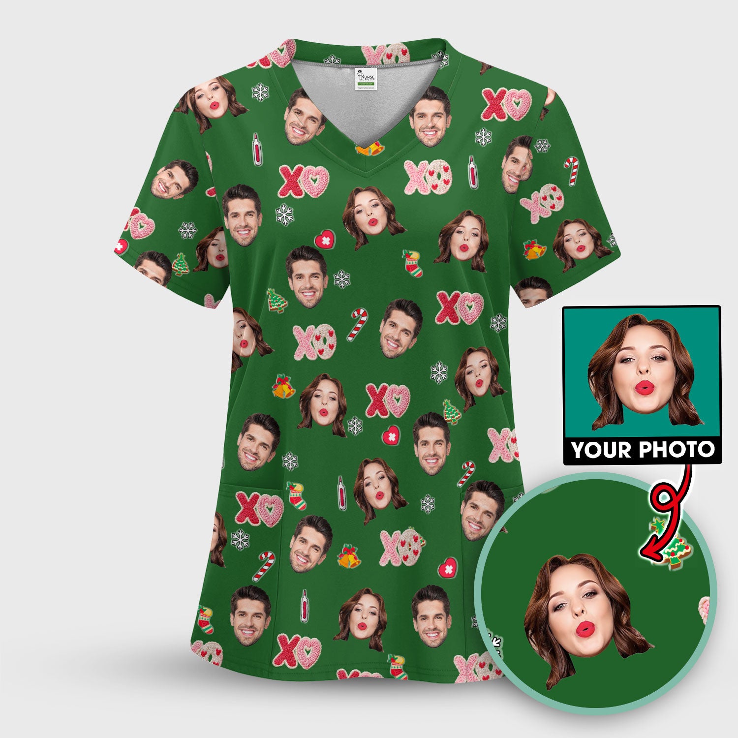 Personalized Photo Scrub Top, Custom Face XOXO Scrub Shirt, Breathable Fabrics Nursing Uniform