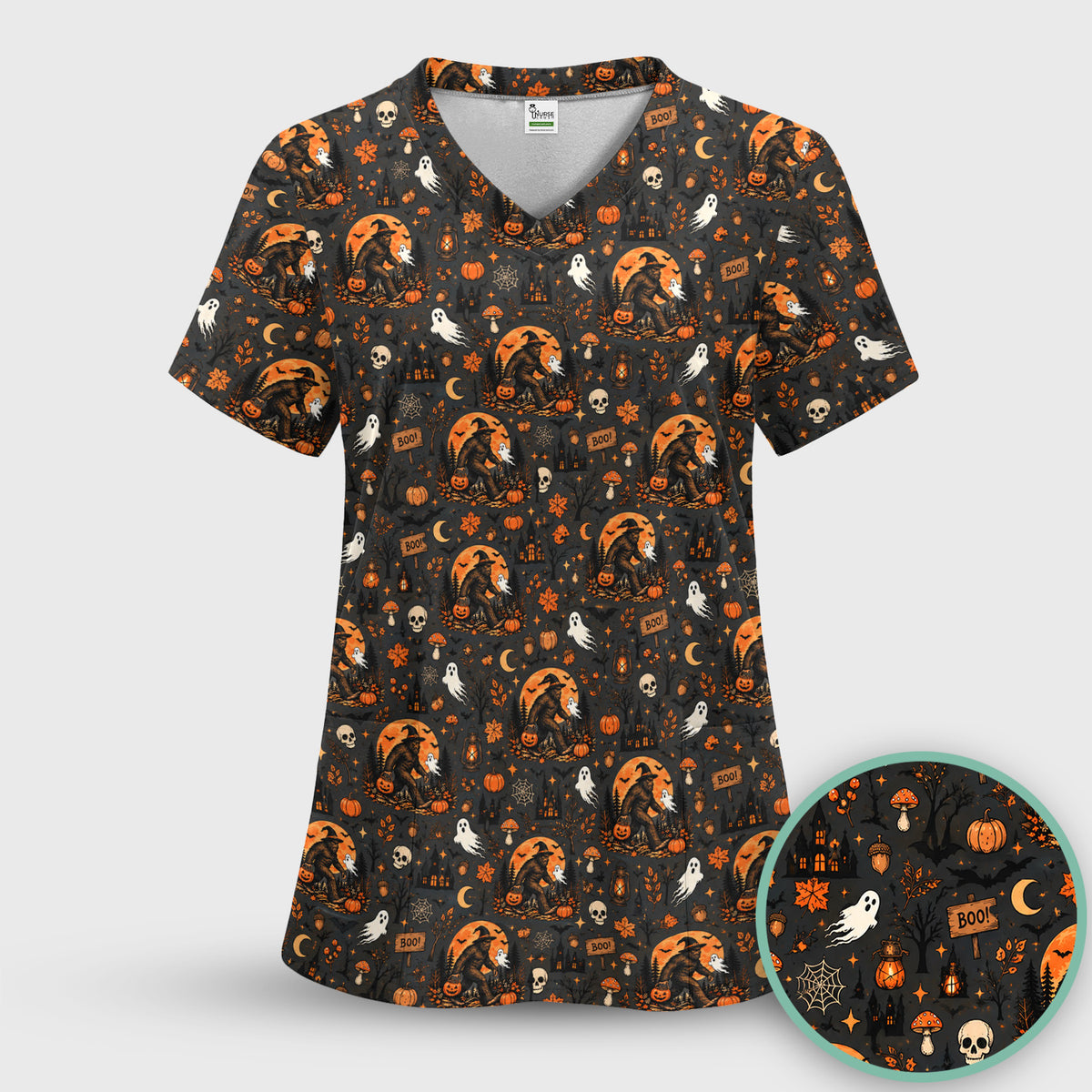 Halloween Bigfoot Ghost with Pumpkin Scrub Top, Comfortable Scrubs for Nurses