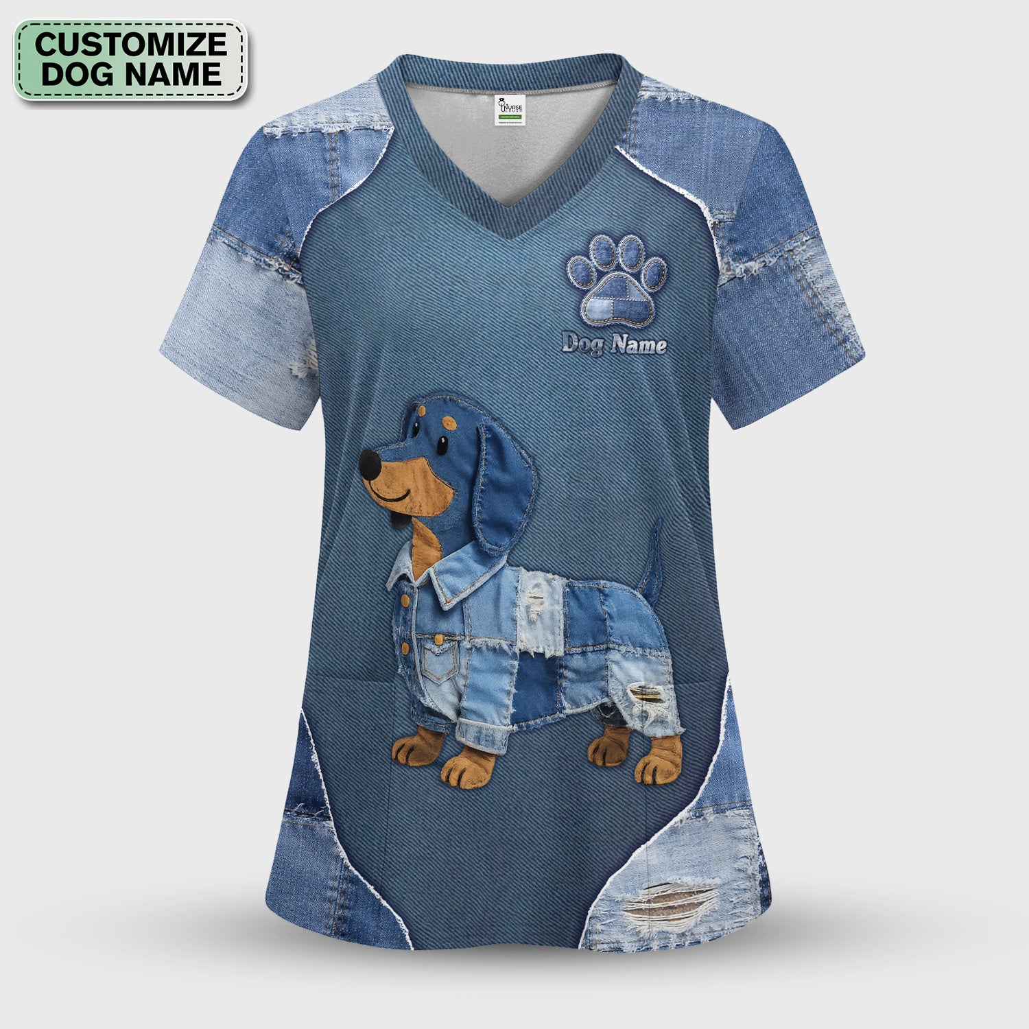 Custom Dog Name Denim Dachshund Print Scrub Top, Comfortable Scrubs for Nurses