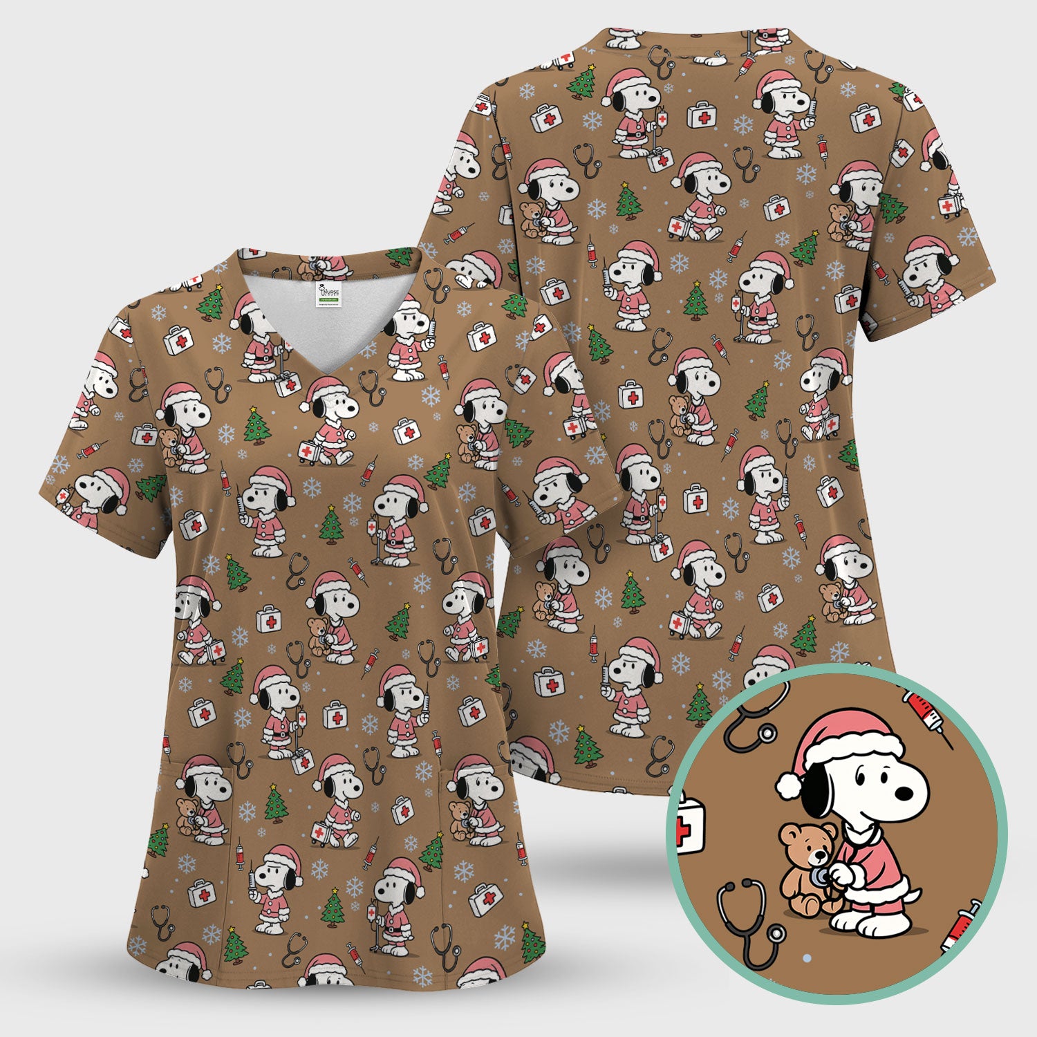 Snoopy Christmas Nurse Scrub Top for Women - Cute Cartoon Holiday Medical Uniform with Pockets - Nursing Gift for RN CNA LPN
