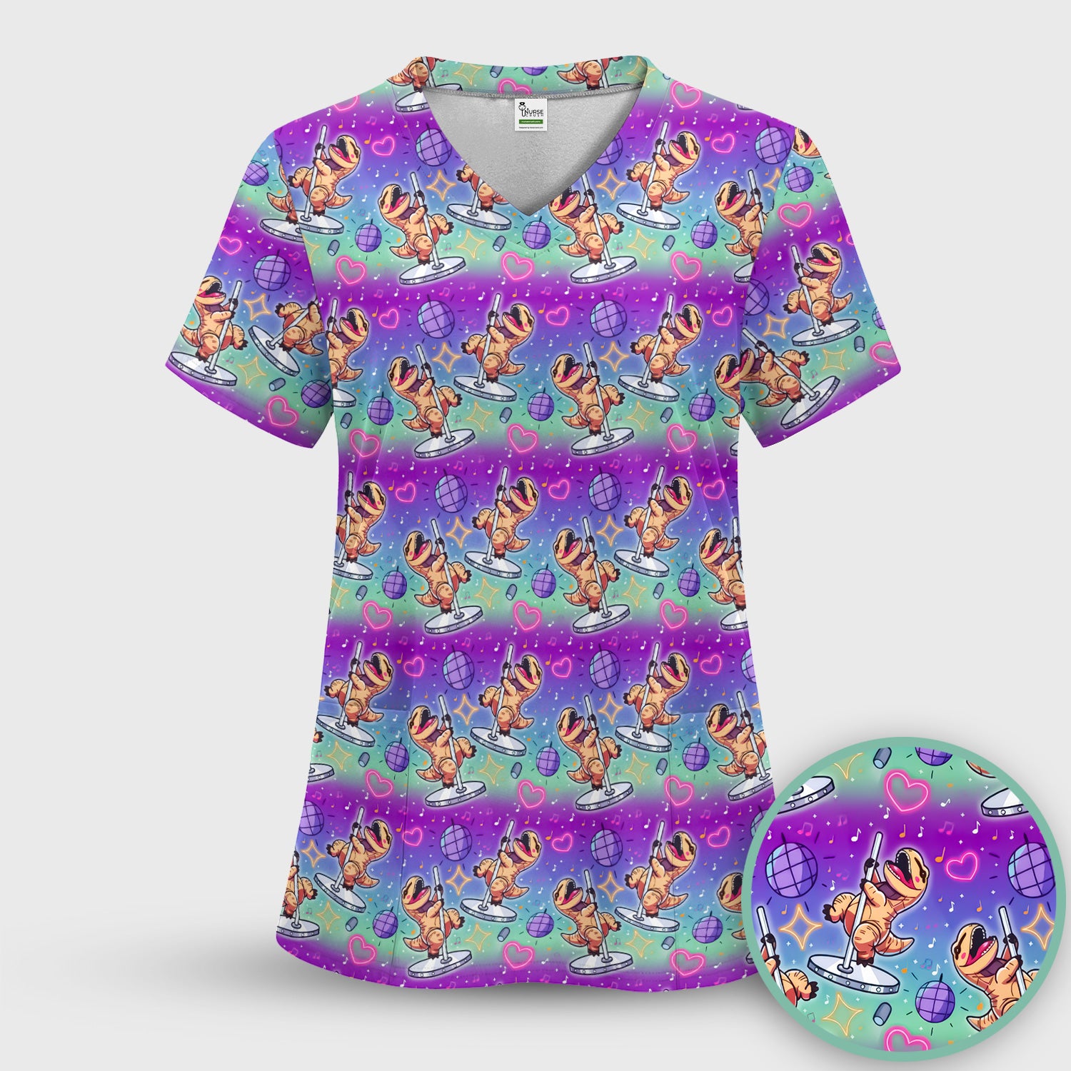 Funny Dancing Dinosaur Disco Party Pattern Nurse Scrub Top, Comfortable Scrubs for Nurses