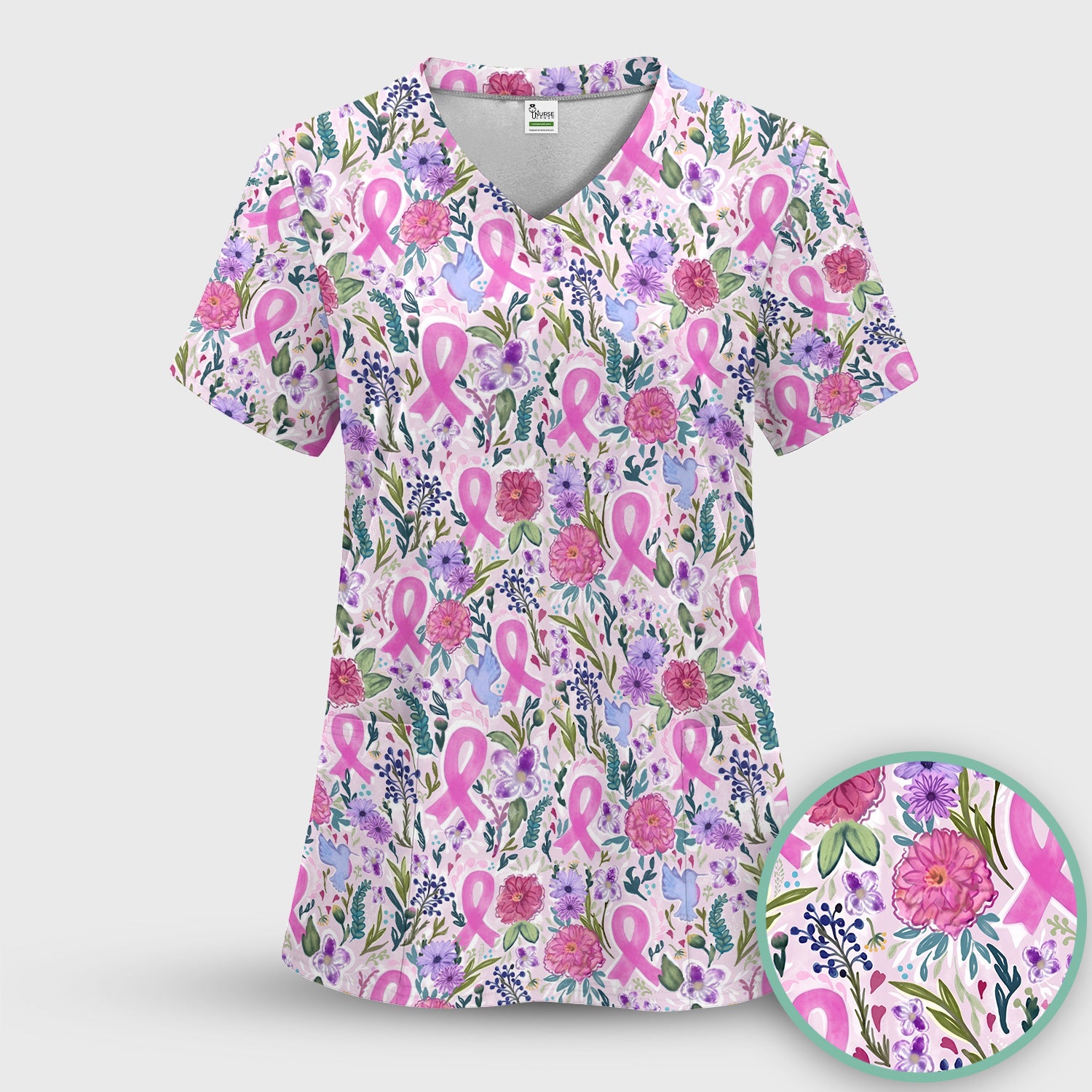 Floral Pink Ribbon Print Scrub Set, Scrub Pants and V Neck Top