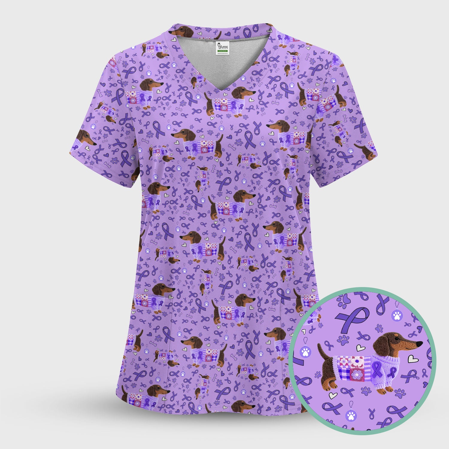 Wiener Dog Purple Ribbon Cancer Awareness Scrub Sets - Dachshund Nursing Uniform - Comfortable Scrubs for Nurses