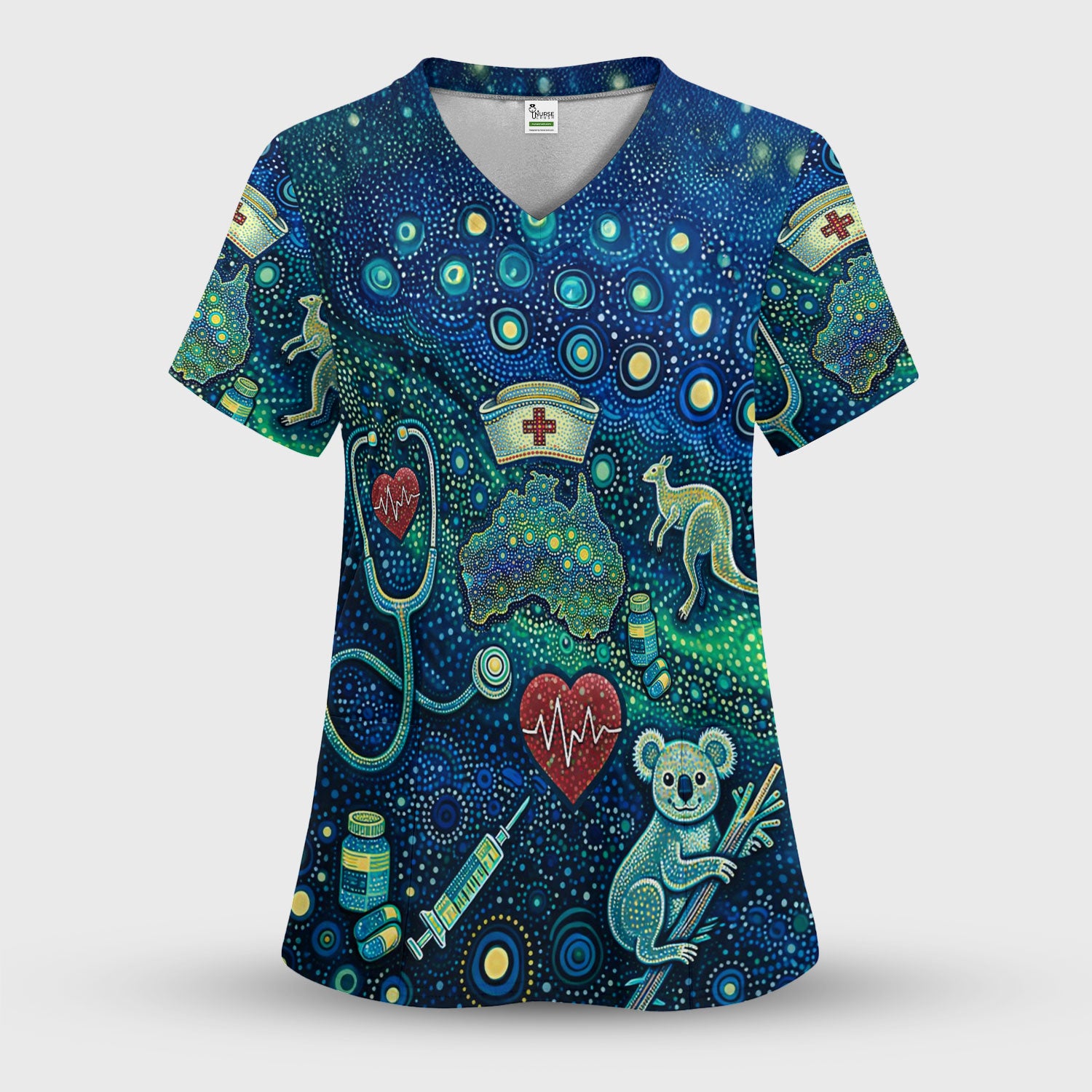 Aboriginal Nurse Australia Scrub Top, Kangaroo Koala Dot Art Medical Pattern Shirt, Breathable Fabrics Nursing Uniform
