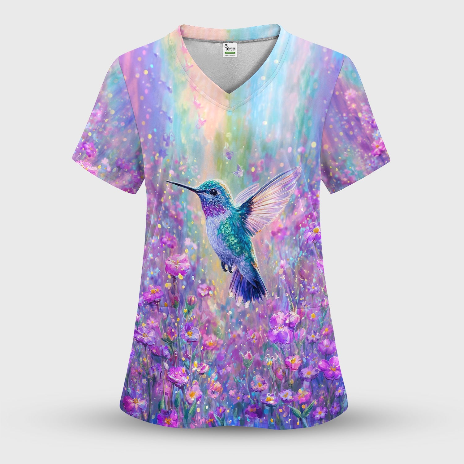 Watercolor Hummingbird with Purple Floral Garden Print Scrub Set, Scrub Pants and V Neck Top