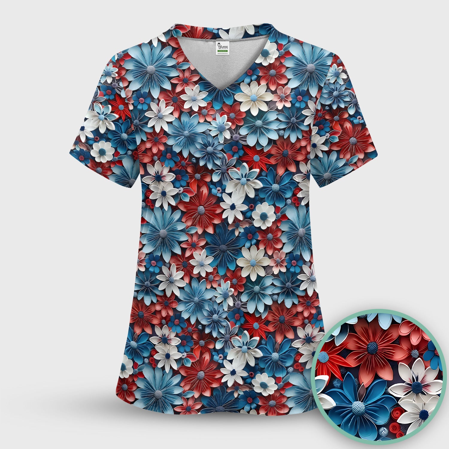 Patriotic 3D Floral Nurse for RN & CNA, Red Blue White Healthcare Workers Uniform Scrub Set, Scrub Pants and V Neck Top