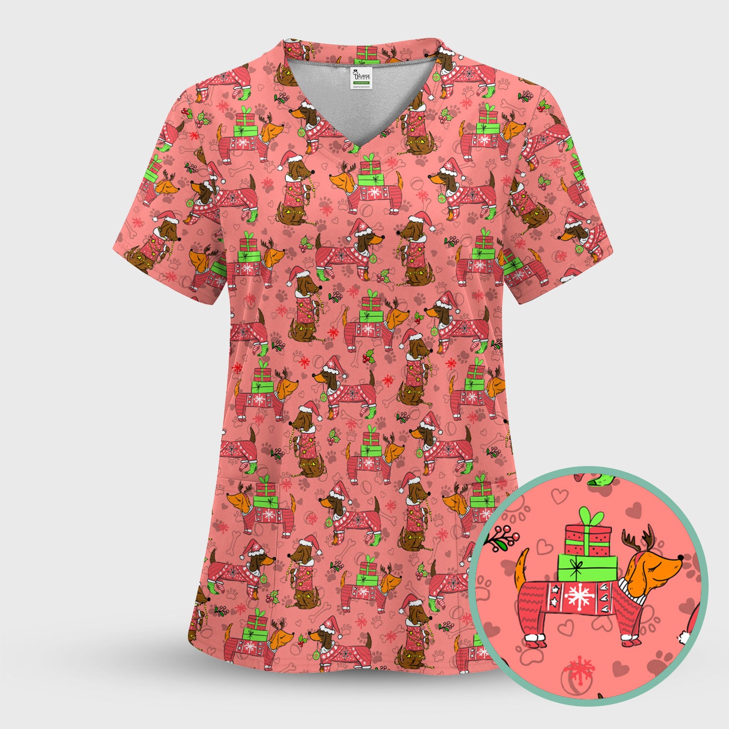 Holiday Dachshund Scrub Top for Nurses - Christmas Sausage Dog Santa with Paw Prints - Funny Medical Shirt RN LPN CNA Gift