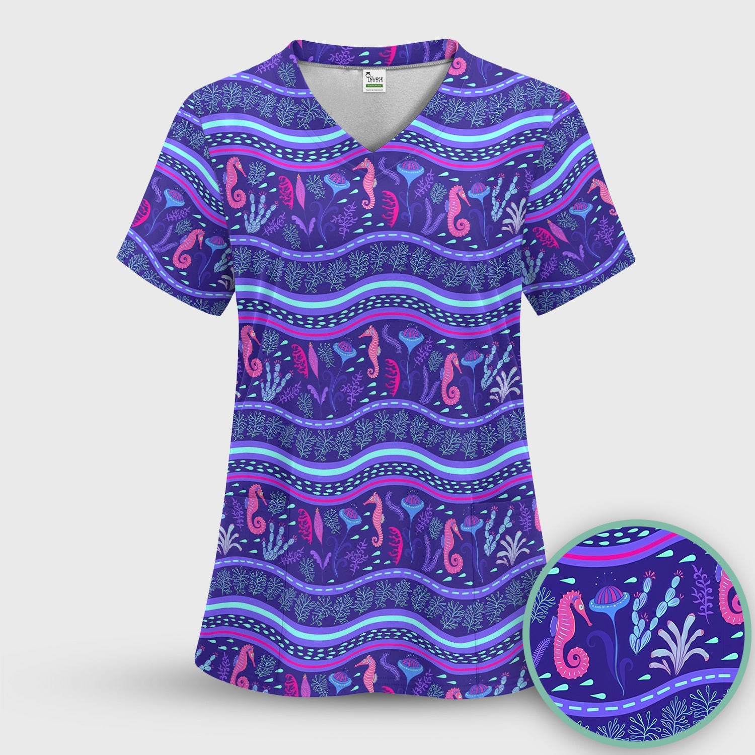 Purple Seahorse Ocean Pattern Scrub Top, Comfortable Scrubs for Nurses
