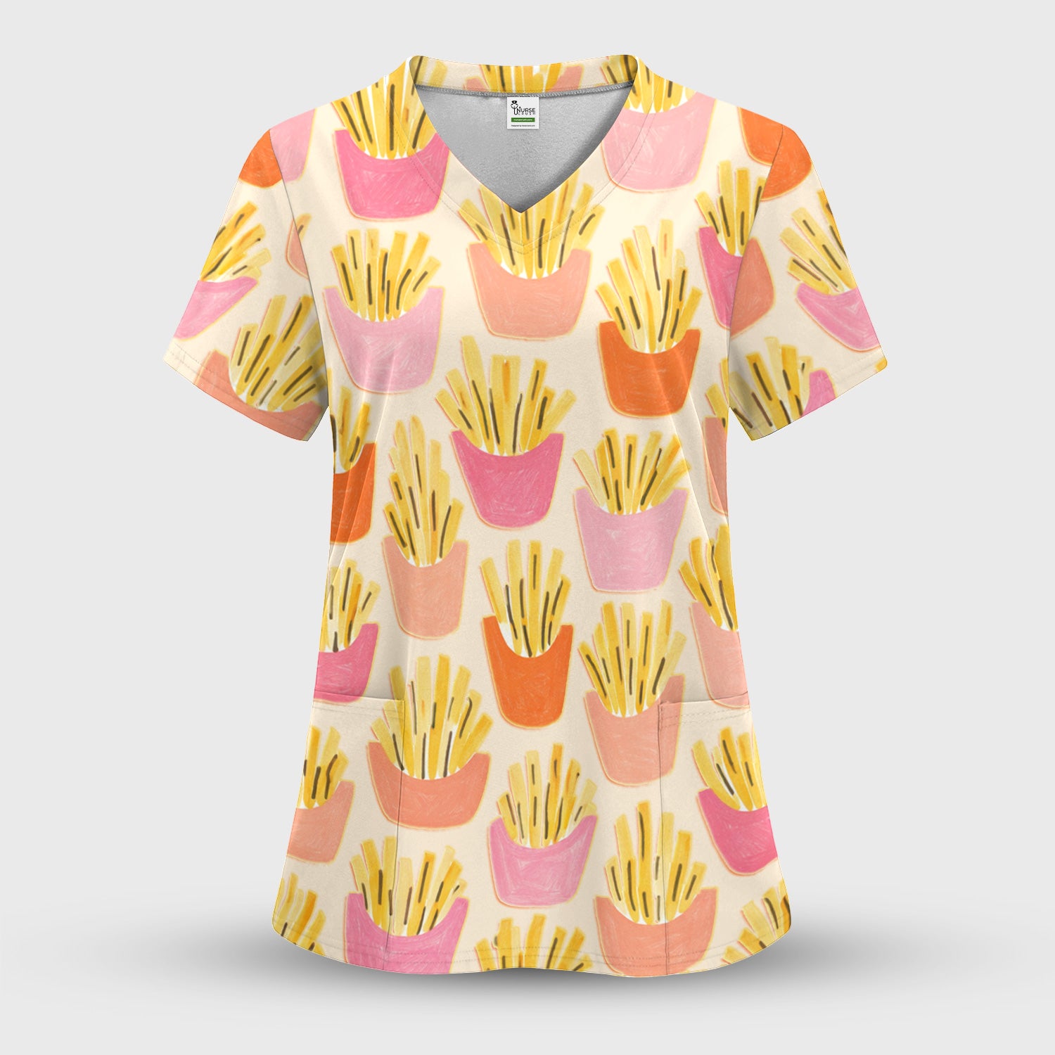 Funny French Fries Snack Food Pattern Scrub Set, Breathable Med Uniform