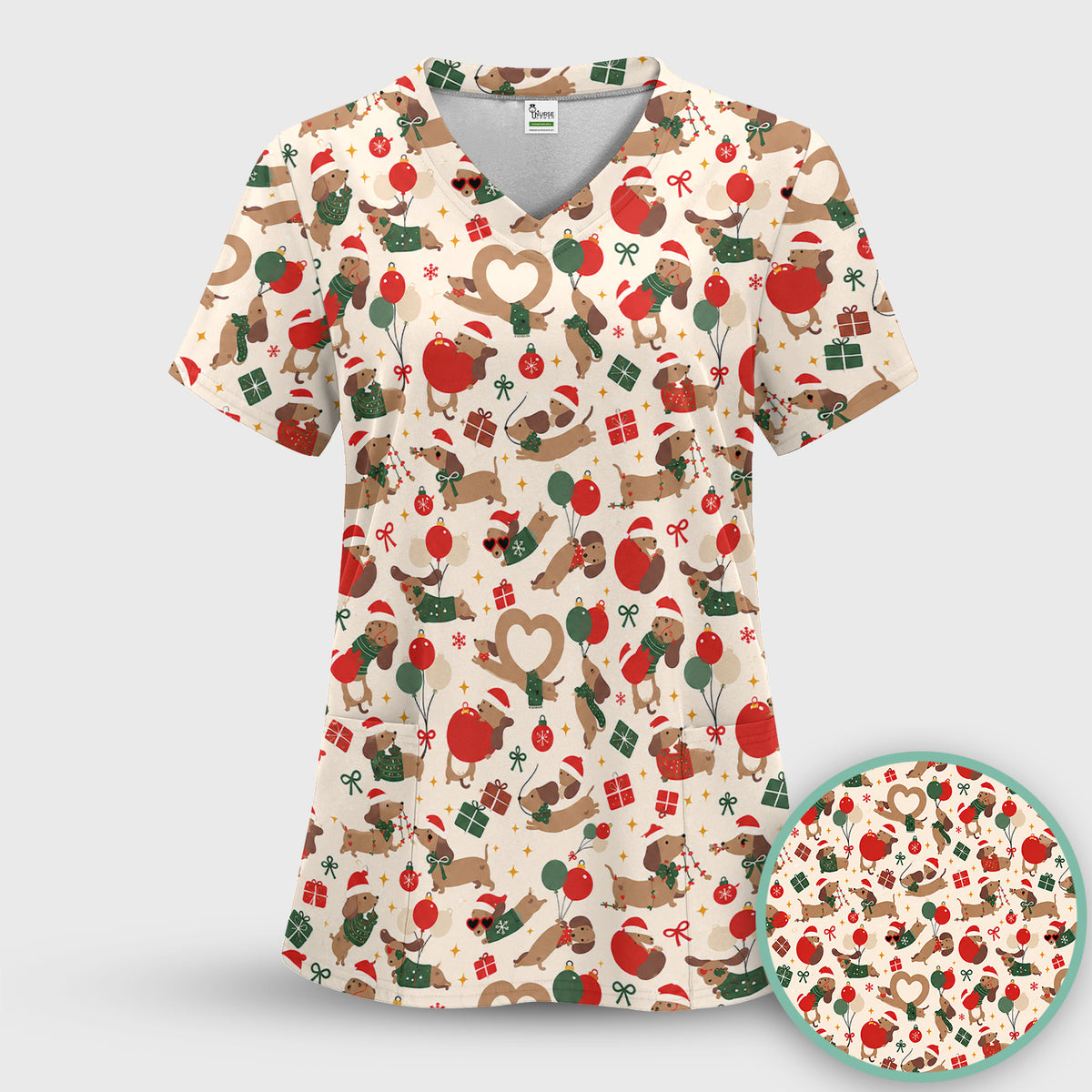 Cute Christmas Dachshund Pattern Scrub Top, Comfortable Scrubs for Nurses