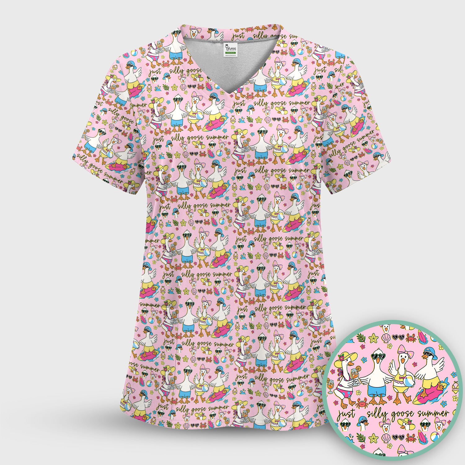 Silly Goose Summer Pattern Scrub Top, Breathable Fabrics Nursing Uniform